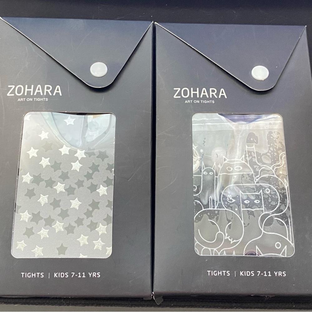 NWT 2 pairs of black/gray Zohara Art on Tights - STARS & CATS! - Kids 7-11 years